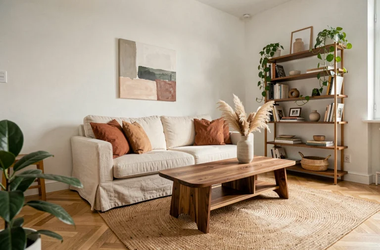 Salon scandinave élégamment décoré avec canapé en lin crème, table basse en noyer et plantes vertes pour une ambiance chaleureuse et tendance