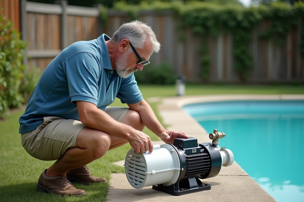 Homme inspectant l'étiquette de consommation électrique d'une pompe à sable de piscine installée dans un jardin
