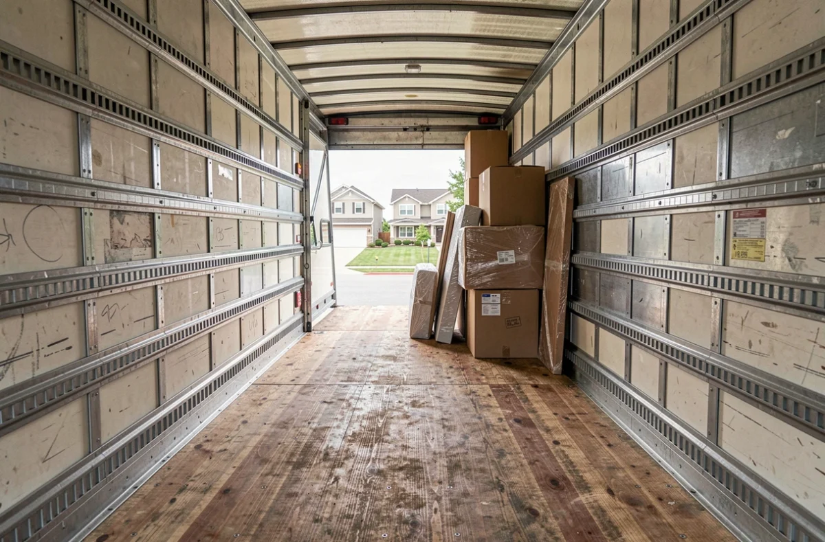 Intérieur d'un camion 20m3 chargé de cartons et meubles avec hayon déployé lors d'un déménagement en zone résidentielle
