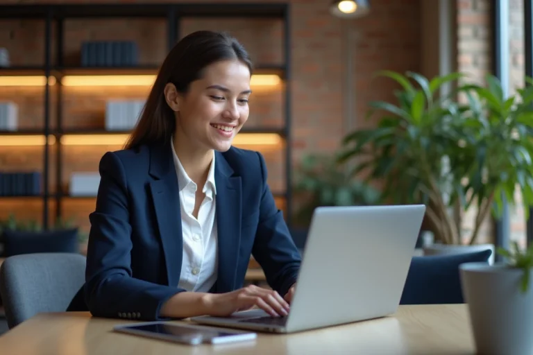 Jeune femme entrepreneure travaillant sur son ordinateur dans un bureau moderne