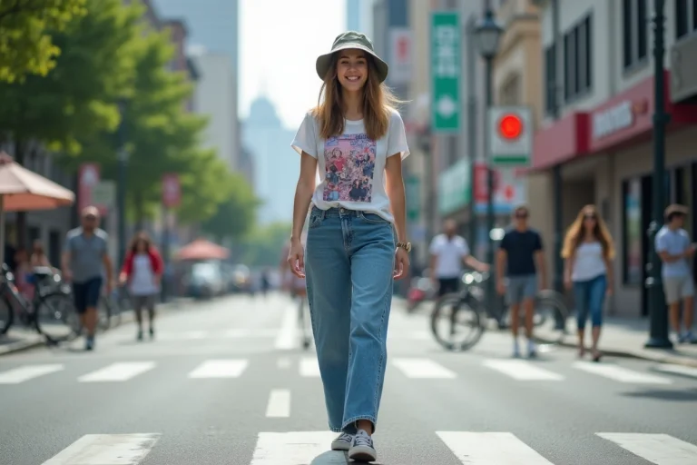 Jeune femme en denim et t-shirt dans la ville