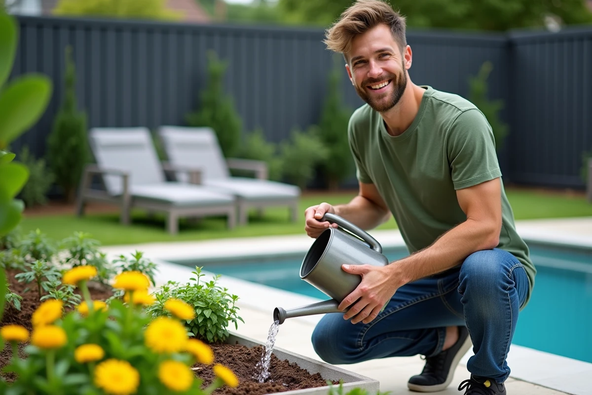 Jeune homme arrosant ses plantes dans le jardin