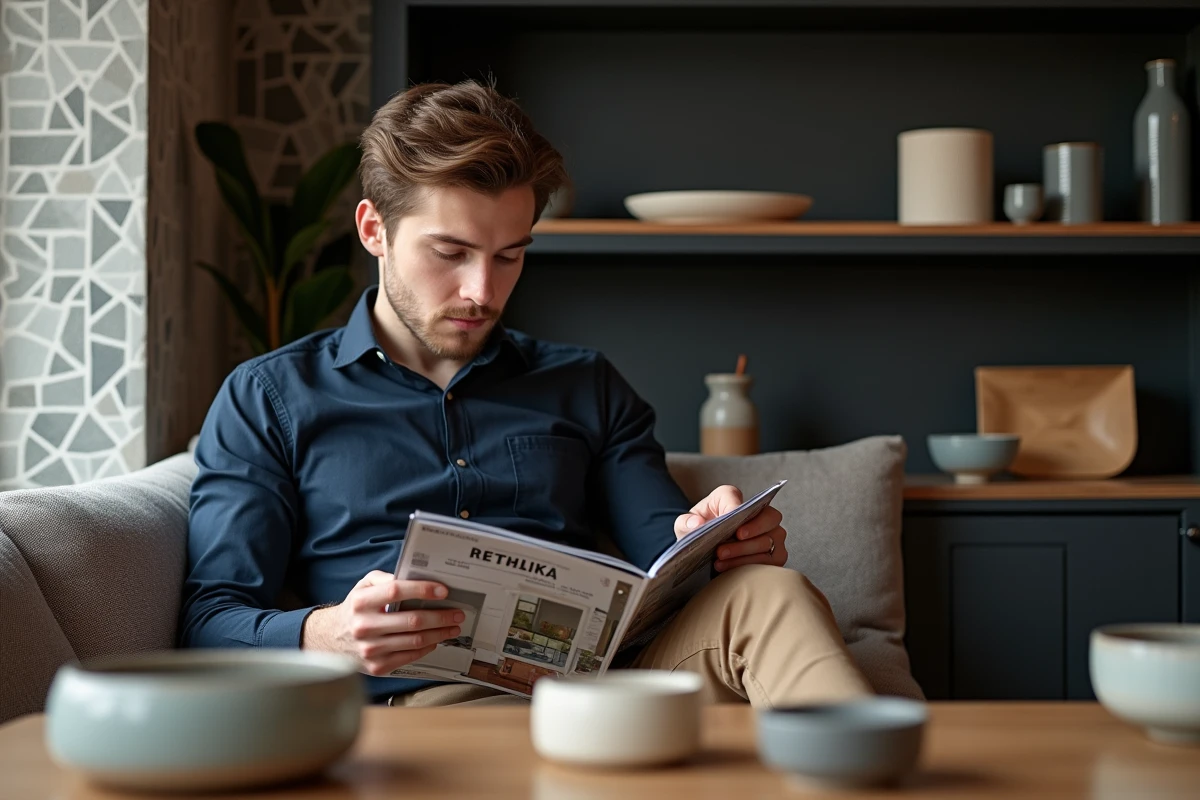 Jeune homme lisant un magazine dans un coin repas cosy