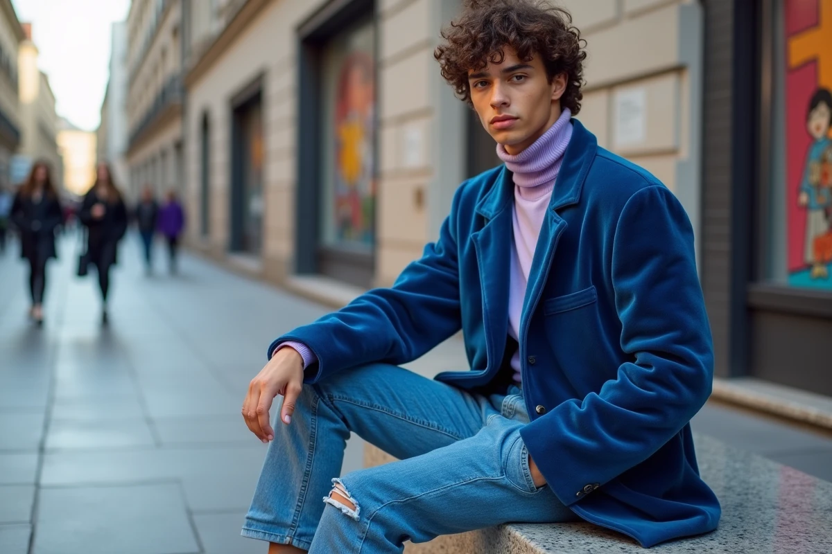 Jeune homme en mode créative dans une rue urbaine moderne