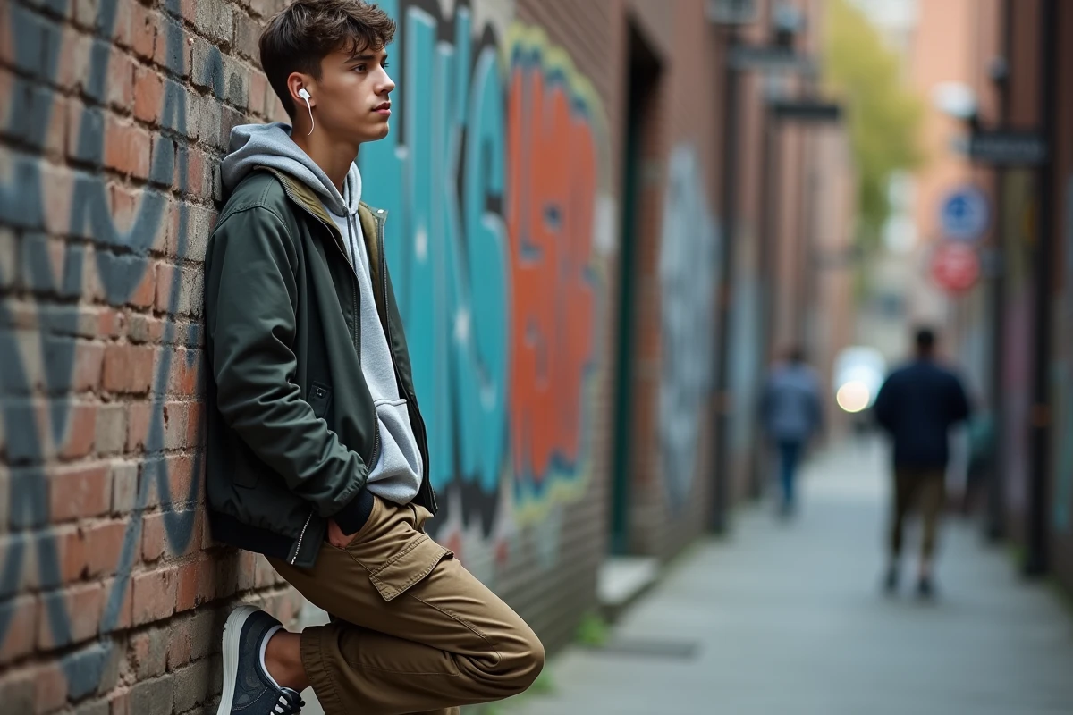 Jeune homme en hoodie et bomber contre un mur graffite