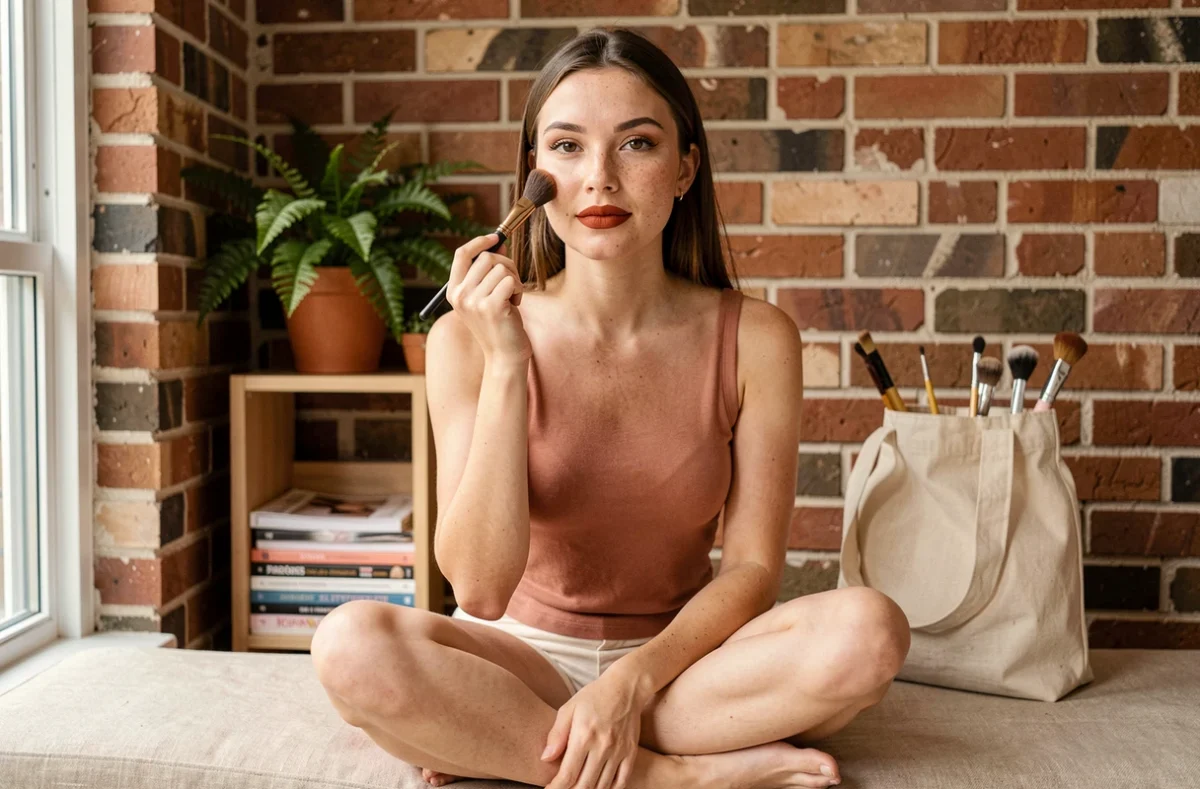 Jeune femme se maquillant avec un pinceau blush sur fond de mur en briques, tendances maquillage automne lèvres terracotta