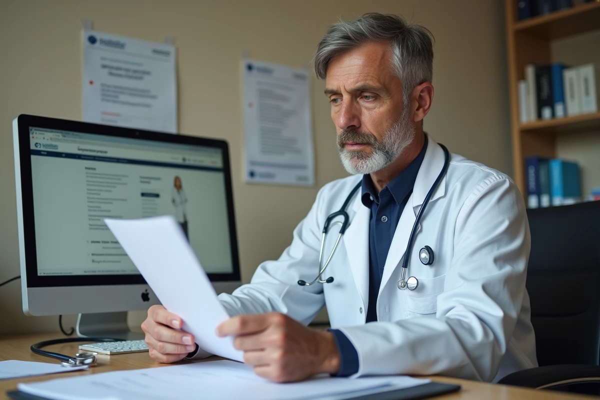 Médecin étranger exerçant en France consultant ses documents administratifs incluant son numéro Adeli dans un cabinet médical