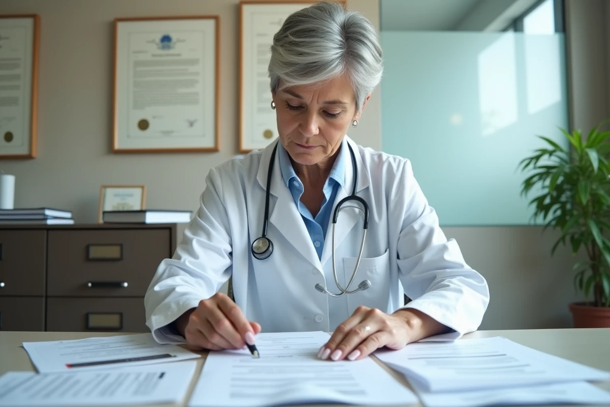 Médecin traitant examinant des documents médicaux et ordonnances dans son bureau, représentant ses responsabilités administratives et légales envers ses patients