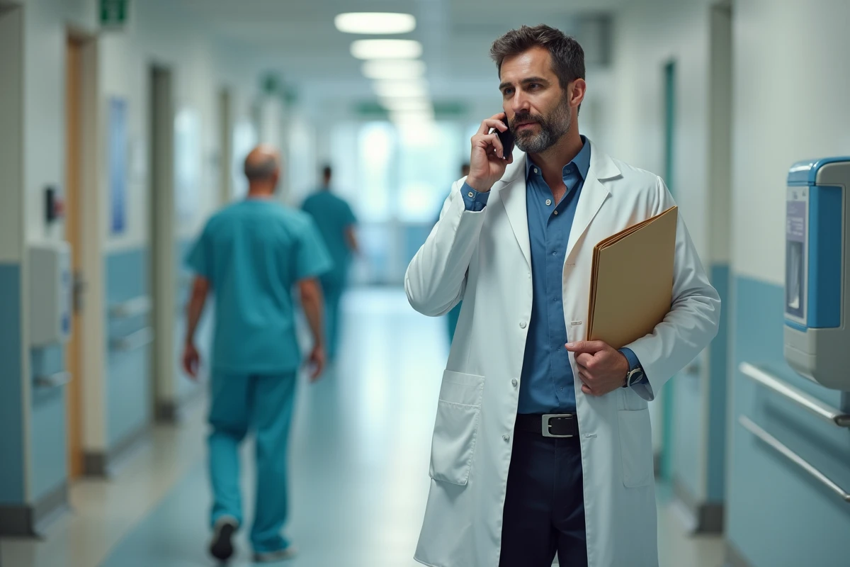 Médecin traitant dans un couloir d'hôpital consultant un dossier patient, illustrant la coordination des soins et les obligations de suivi médical du praticien
