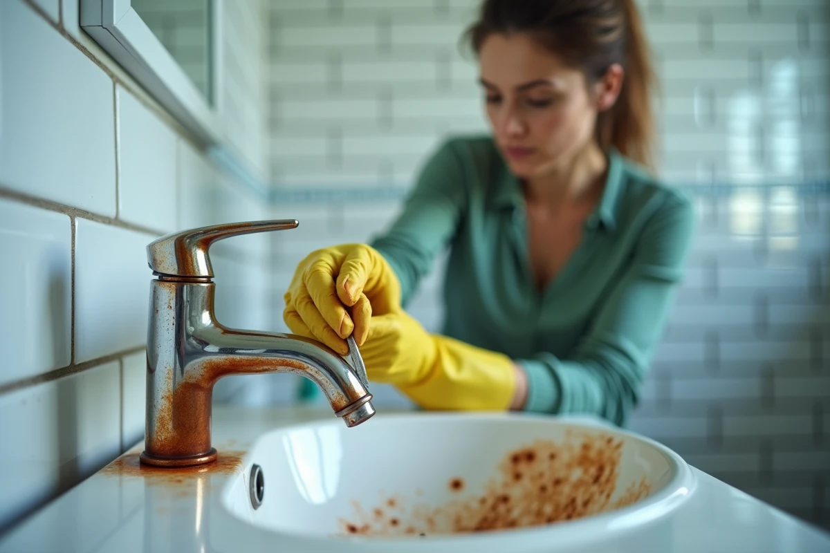 Femme nettoyant la rouille sur un robinet chromé dans une salle de bain avec une brosse métallique