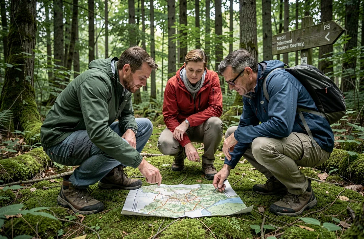 Groupe d'adultes participant à une activité d'orientation en forêt, idée de sortie originale en plein air