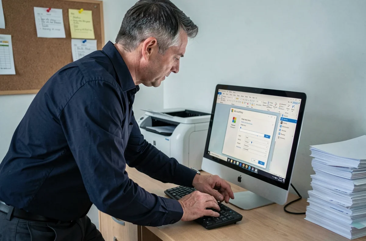 Homme configurant les options d'impression en miroir dans Word sur un ordinateur de bureau