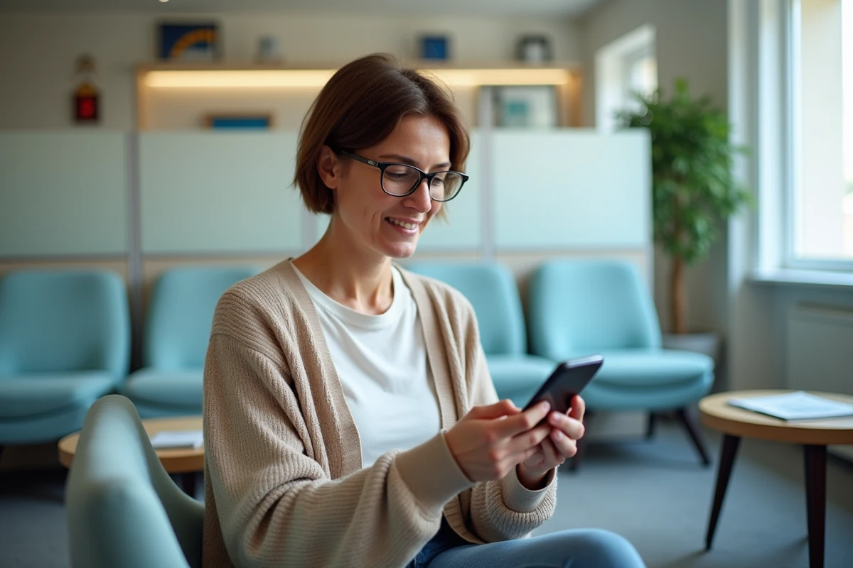 Patiente dans une salle d'attente française vérifiant le numéro Adeli d'un médecin étranger sur son smartphone avant une consultation