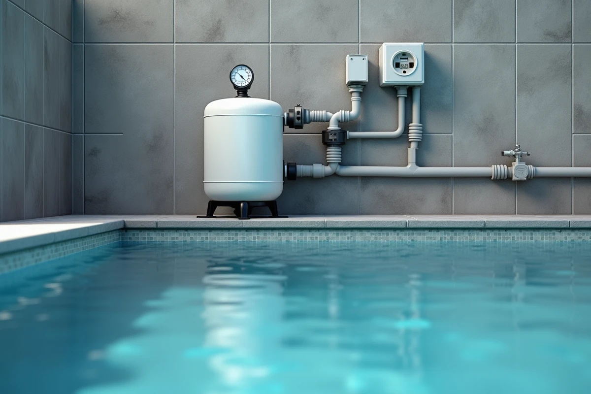Pompe à sable de piscine raccordée à une prise électrique extérieure avec câble et tableau de connexion