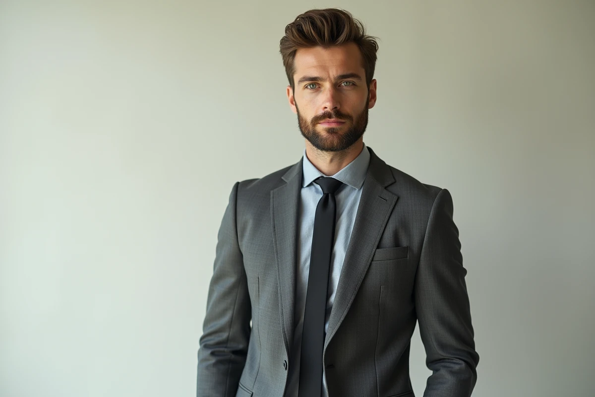 Portrait studio haute définition d'un homme élégant au regard captivant, évoquant les critères de beauté masculine plébiscités sur les réseaux sociaux en 2026