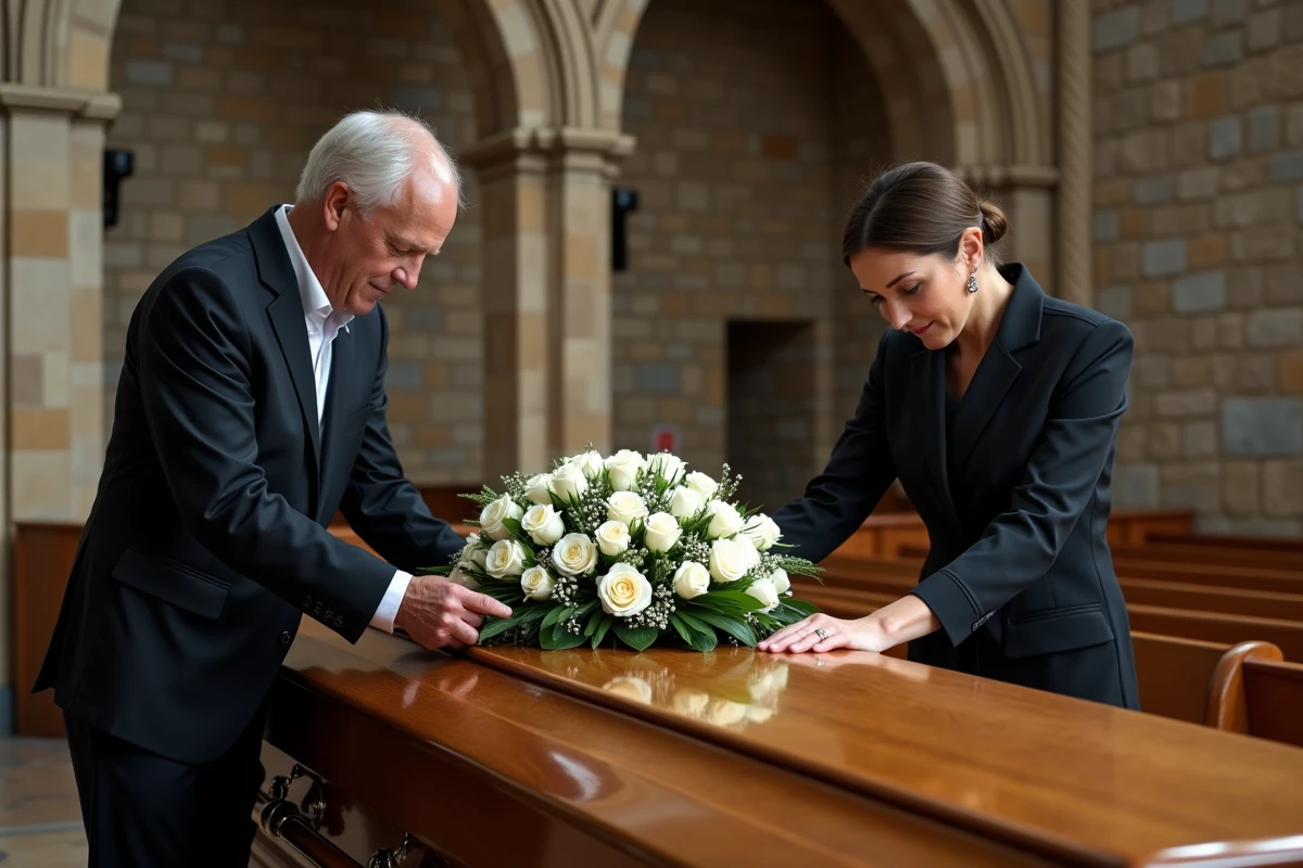 Deux professionnels funéraires préparant une cérémonie avec des arrangements floraux dans une chapelle funéraire