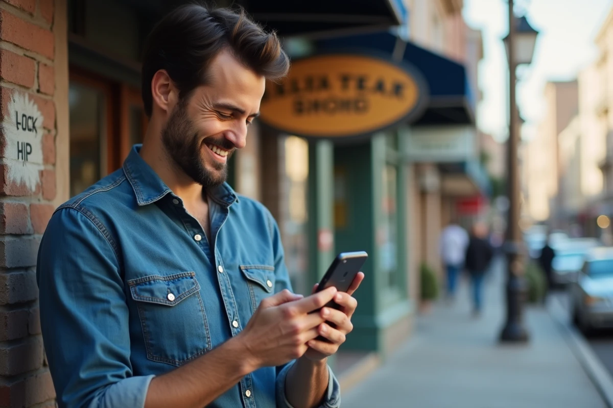 Propriétaire d'une petite entreprise consultant son smartphone devant sa boutique dans une rue commerçante
