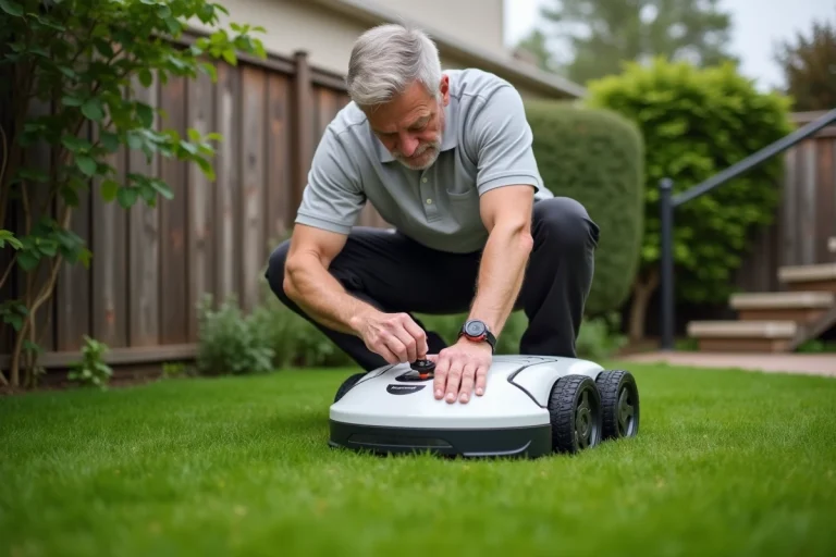 Homme fixant un traceur GPS sous un robot tondeuse dans un jardin suburban pour le protéger contre le vol
