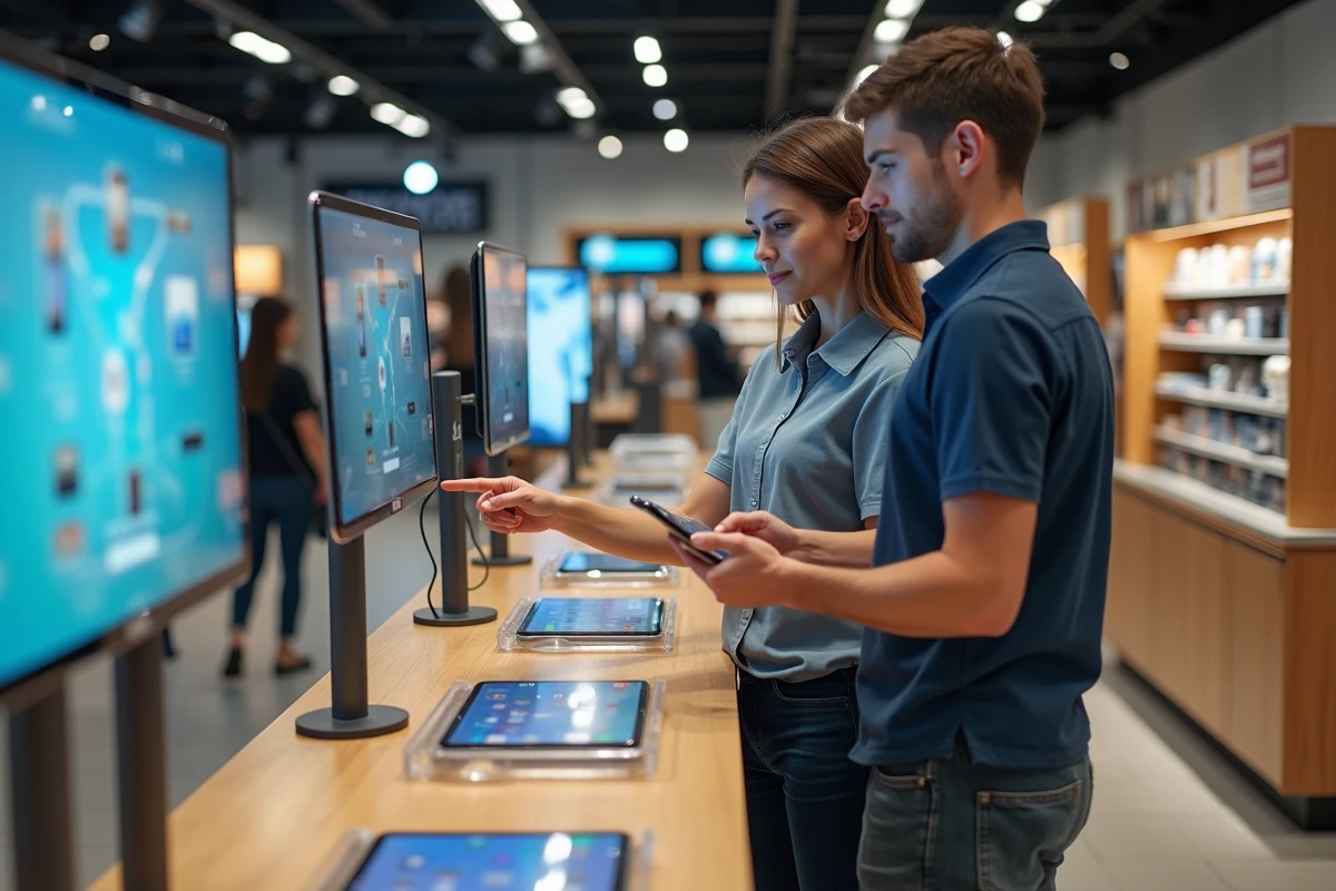 Relation commerciale B2C entre une vendeuse et un client dans un magasin d'électronique grand public