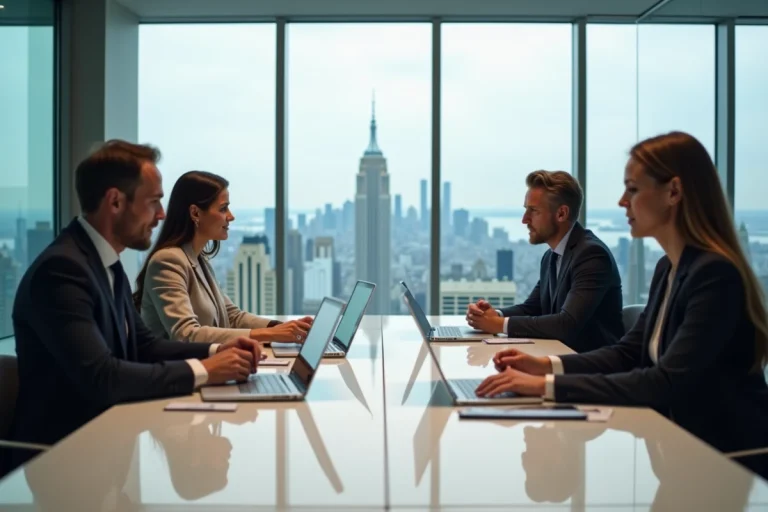 Réunion professionnelle B2B entre deux équipes d'entreprise dans une salle de conférence moderne avec vue sur la ville