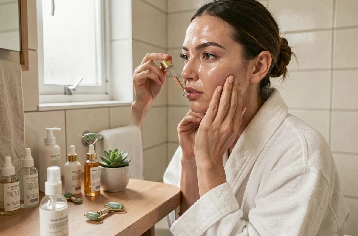 Femme appliquant un sérum visage devant une coiffeuse minimaliste en bois, routine beauté skincare naturelle