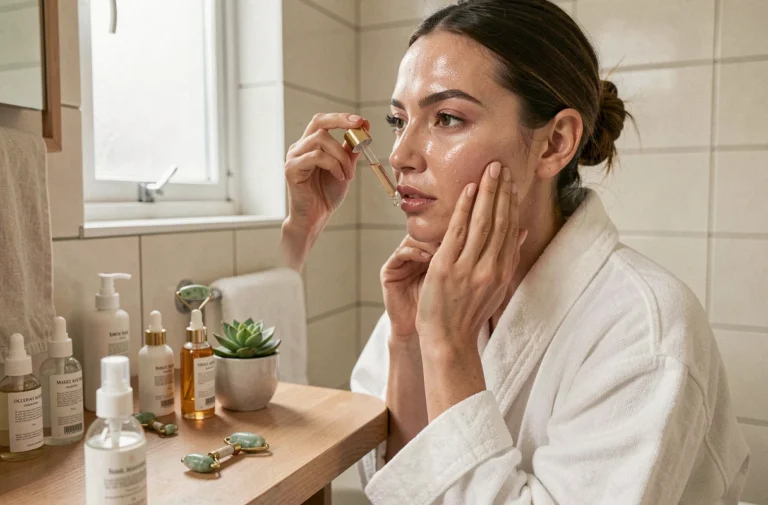 Femme appliquant un sérum visage devant une coiffeuse minimaliste en bois, routine beauté skincare naturelle