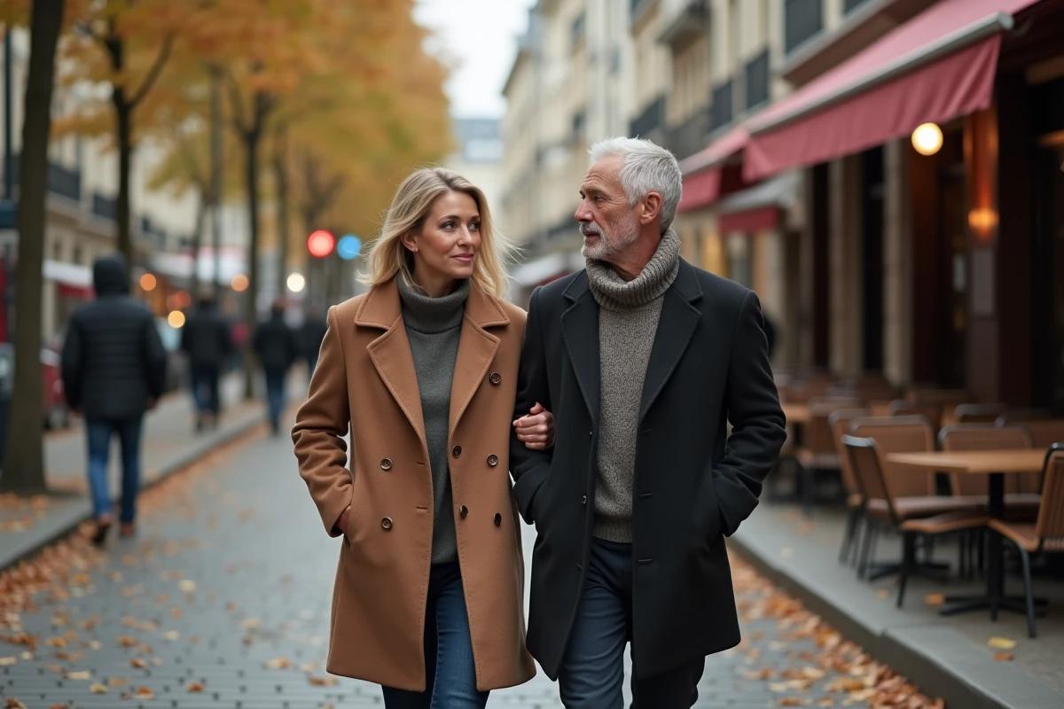 Couple élégant marchant discrètement dans une rue pavée parisienne en automne, évoquant la vie de couple préservée de Samantha de Bendern