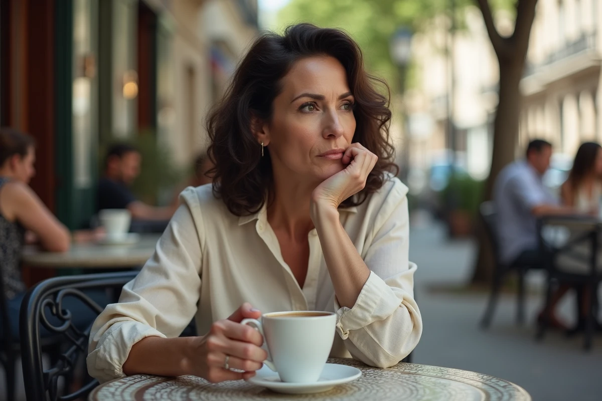 Femme posée à une terrasse de café parisien dans une attitude réservée et pensive, symbolisant la discrétion de Samantha de Bendern sur sa famille