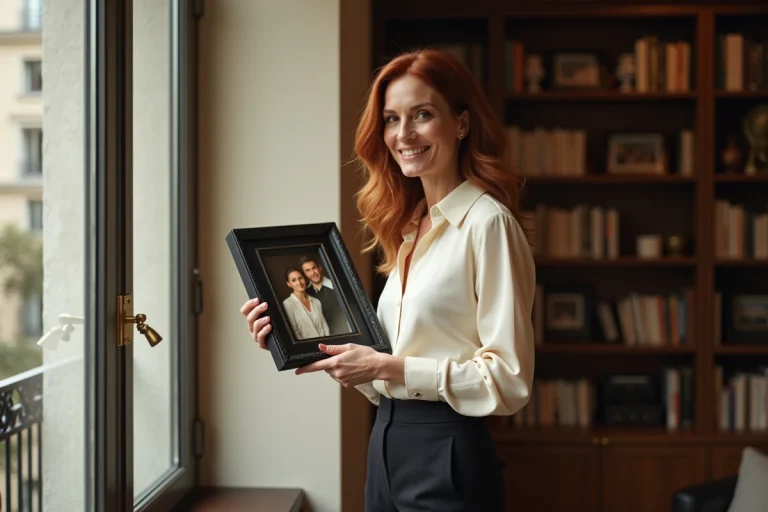 Femme élégante tenant une photo de famille dans un appartement parisien raffiné, illustrant la discrétion de Samantha de Bendern sur sa vie privée