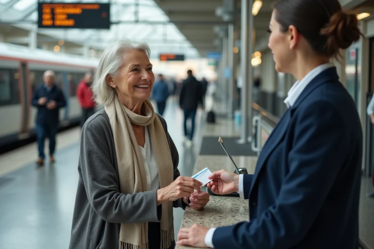 Femme senior souriante à la gare avec sa carte