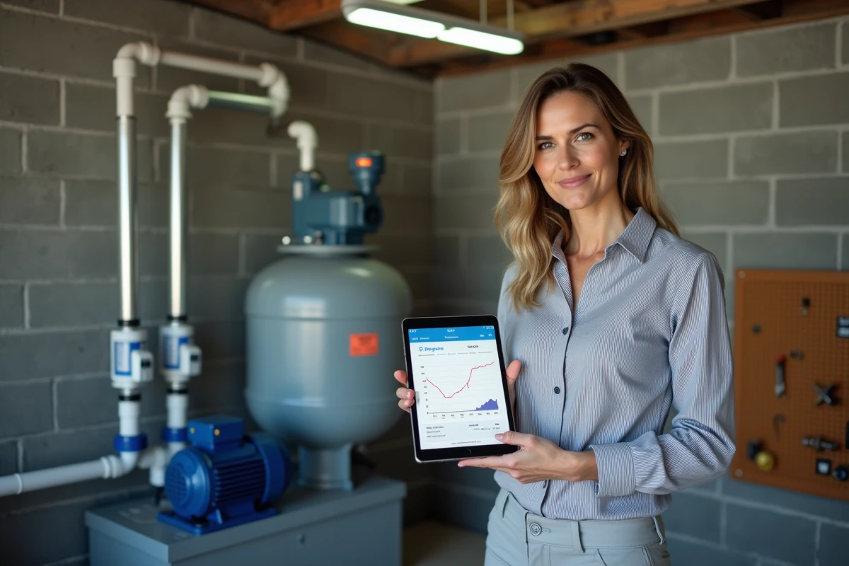 Femme consultant la consommation électrique d'une pompe à sable de piscine sur une application tablette dans un local technique