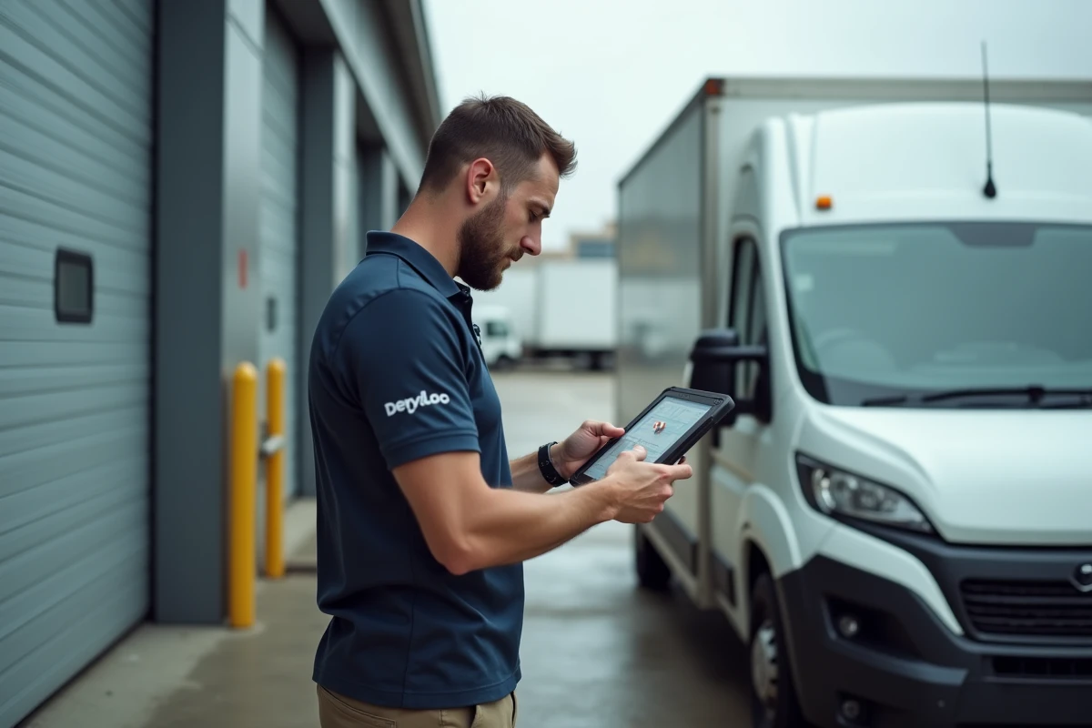 Coordinateur logistique accédant à l'interface Deveryloc sur tablette devant un véhicule de livraison dans un dépôt urbain