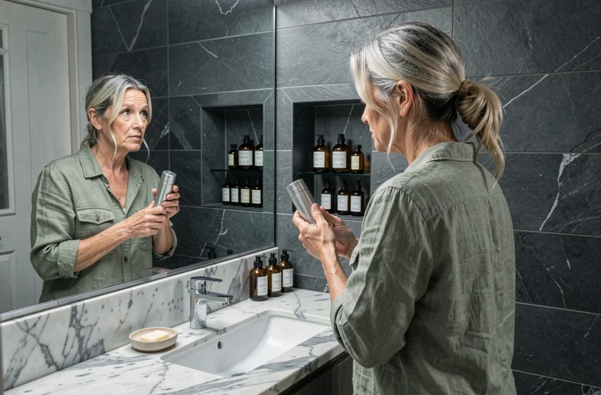 Femme mature aux cheveux argentés appliquant une crème hydratante devant un miroir salle de bain en marbre, tendance beauté slow cosmetics