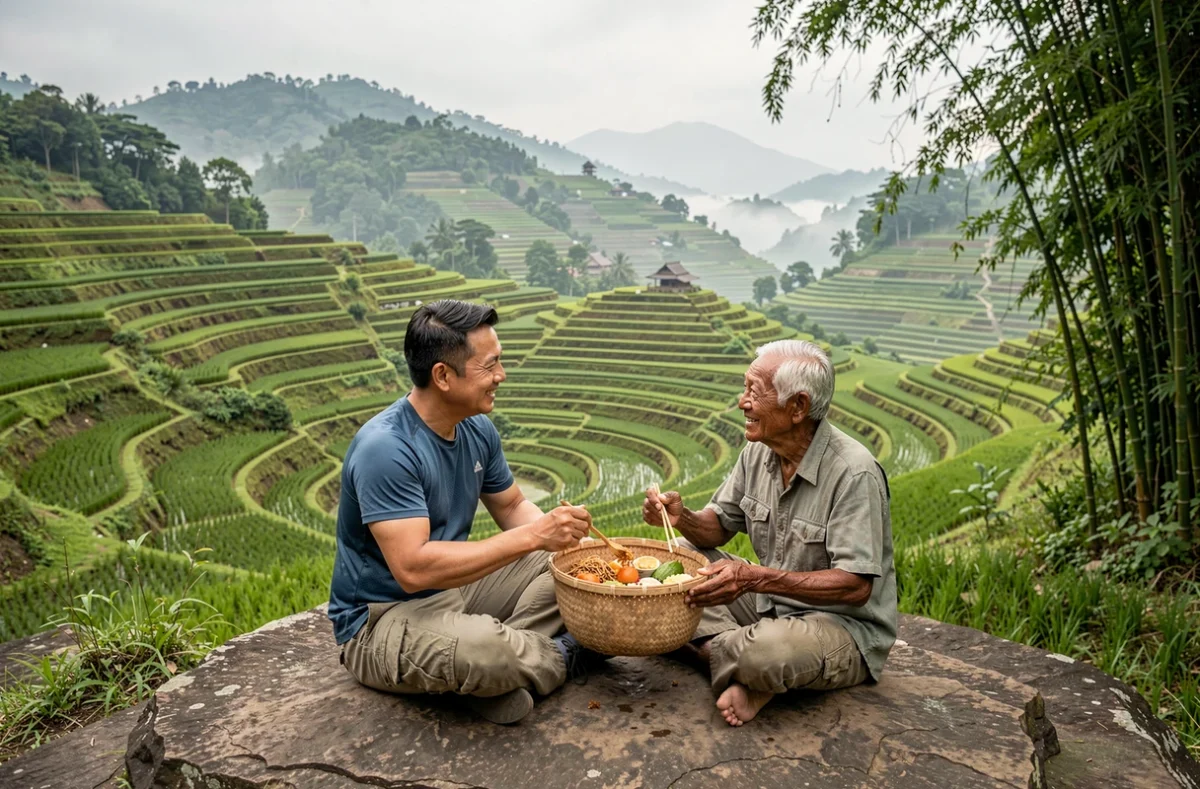 Voyageur partageant un repas avec un agriculteur local dans des rizières en terrasses en Asie du Sud-Est