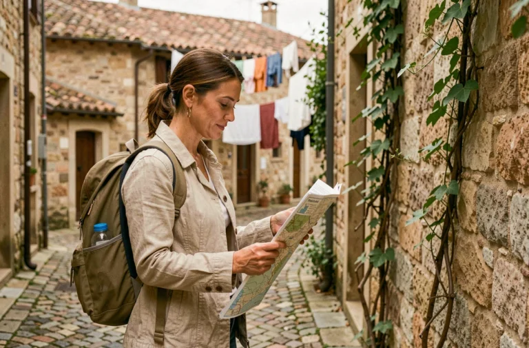 Voyageuse explorant une ruelle authentique d'un village méditerranéen lors d'un voyage sur mesure