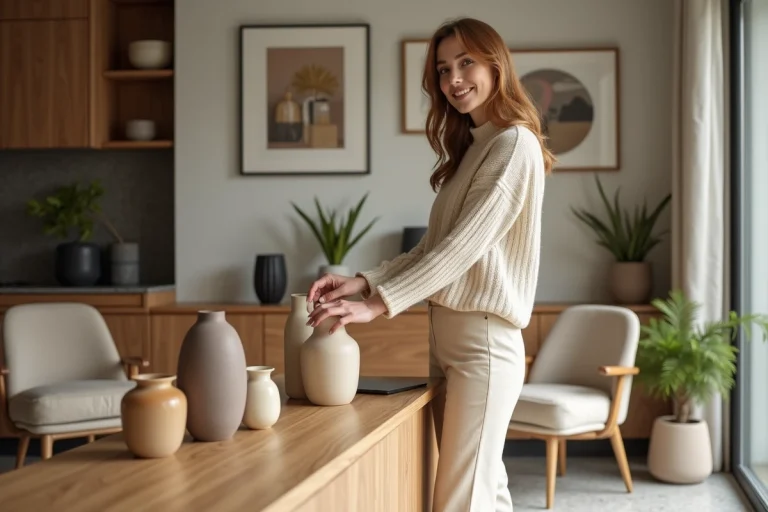 Femme arrangeant des vases en céramique dans un salon lumineux